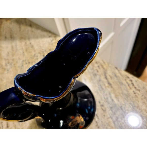 Cobalt Blue Ceramic Gold Trimmed Pitcher Peacock Design 7.5" Tall - Picture 6 of 12